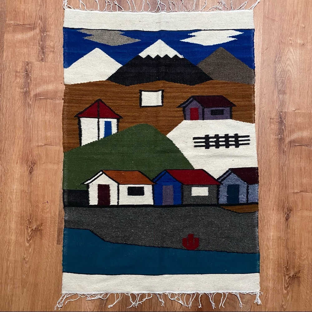 Vintage Blue Green Brown Mountain Village Tapestry